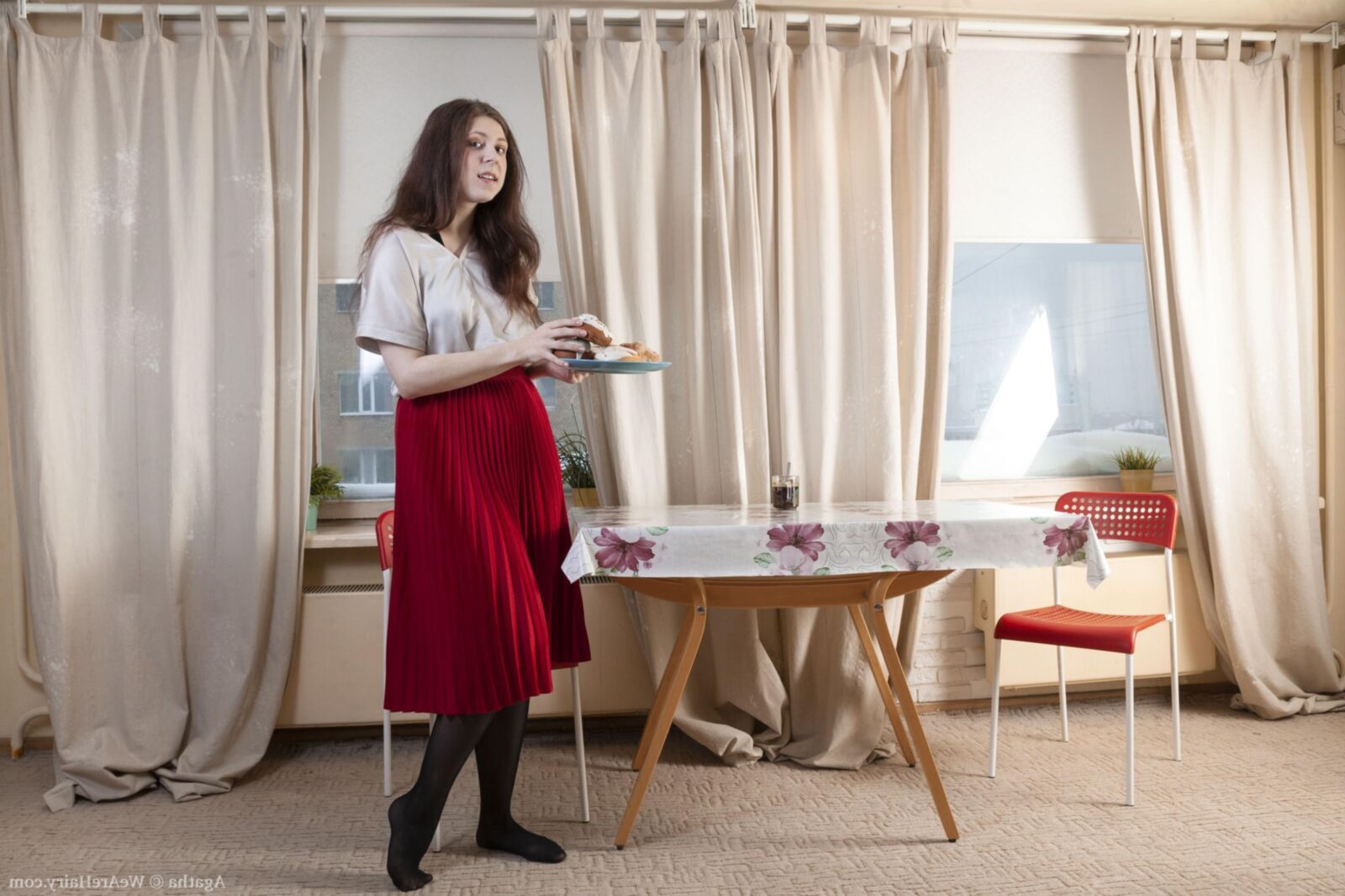 Hairy Agatha in red skirt