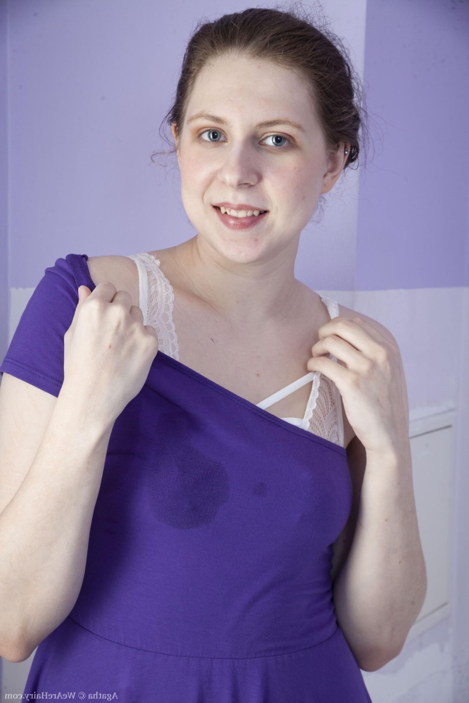 Hairy Agatha in purple dress