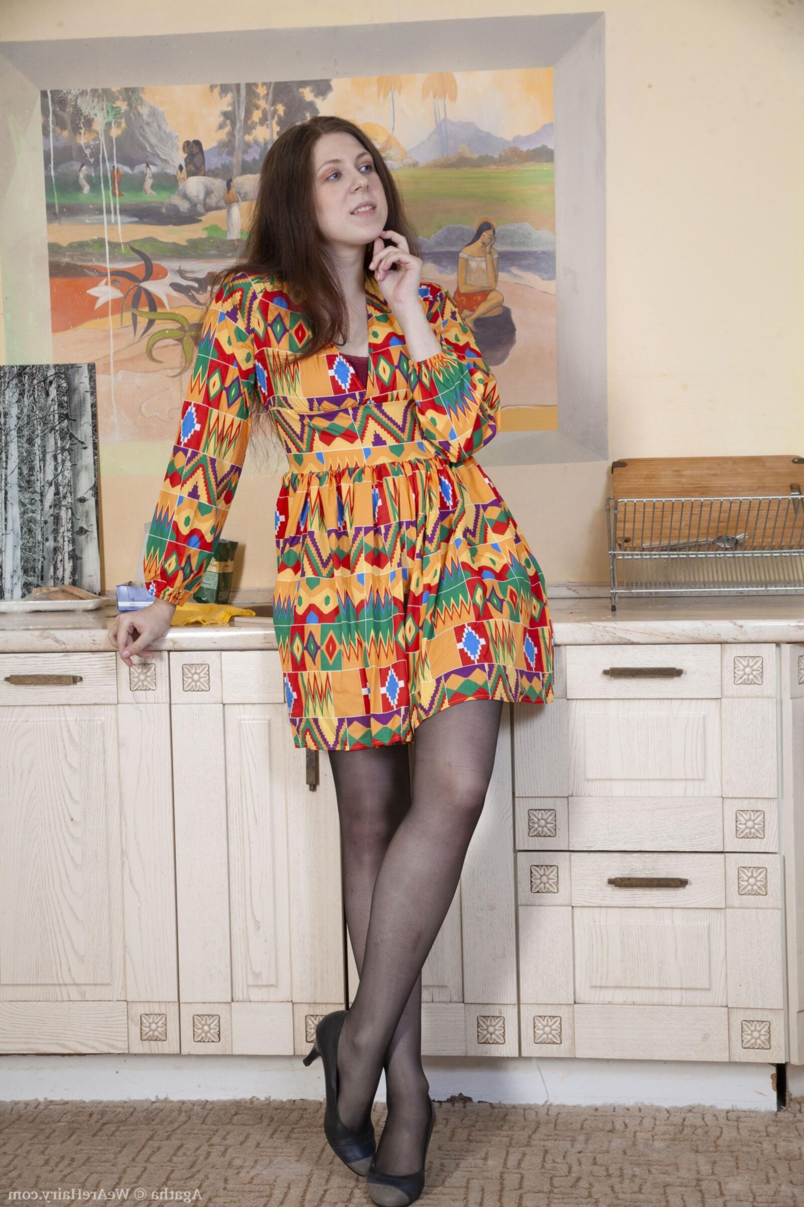 Hairy Agatha in colorful dress