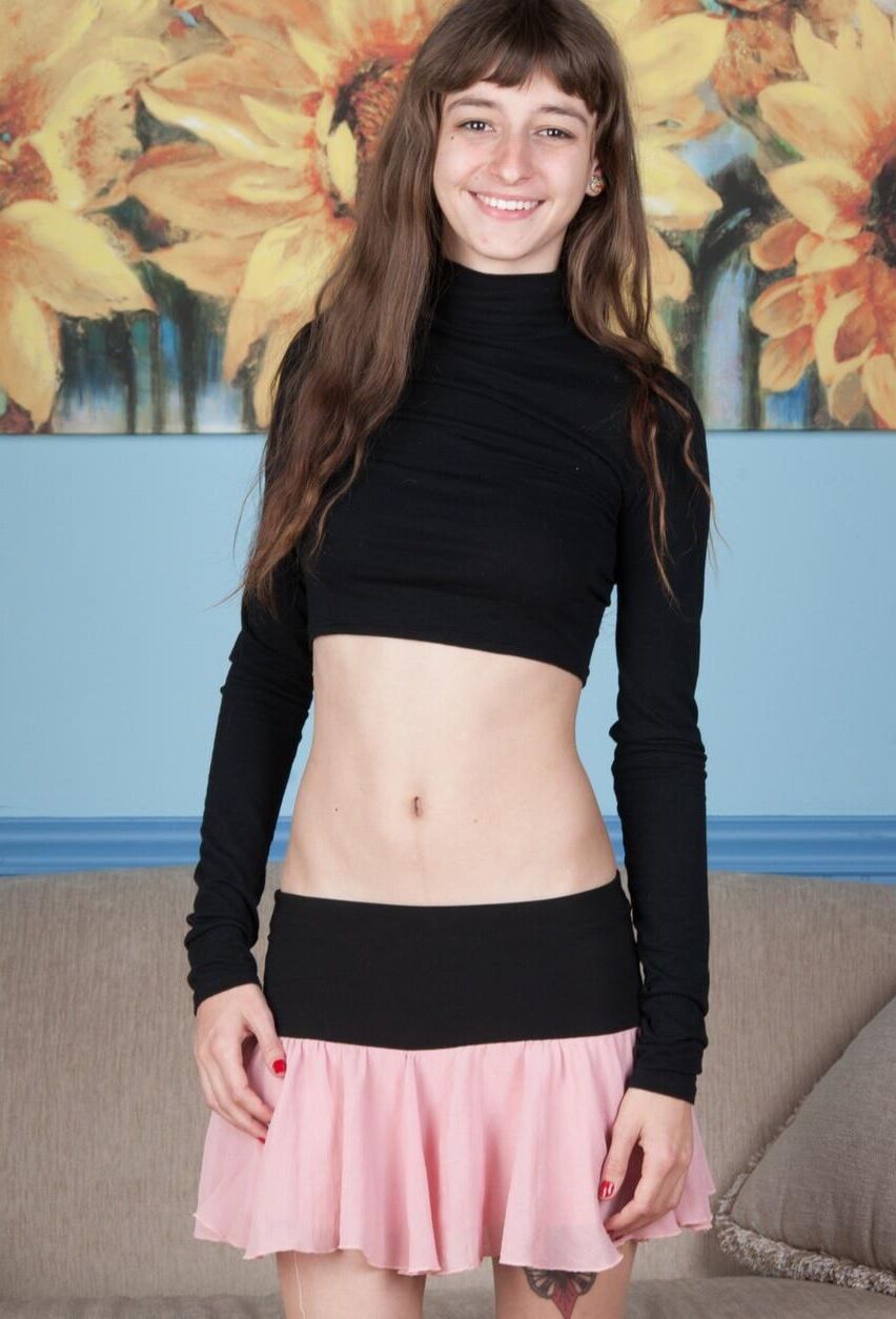 Skinny hairy brunette teen with long hair willow