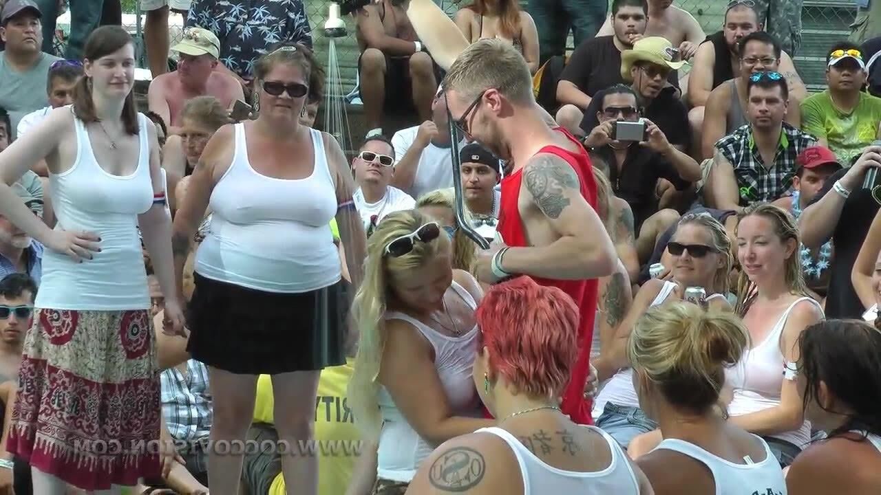 Nerdy babe with great tits first public strip