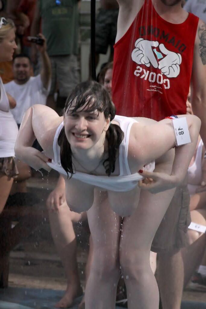 Nerdy babe with great tits first public strip