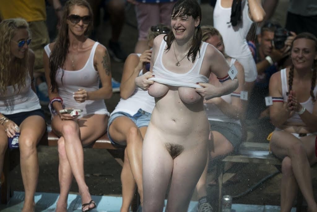 Nerdy babe with great tits first public strip
