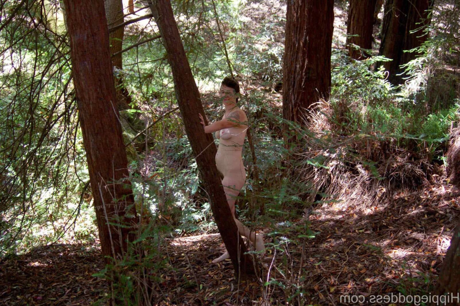 Hippiegoddess Samone abraçando árvores
